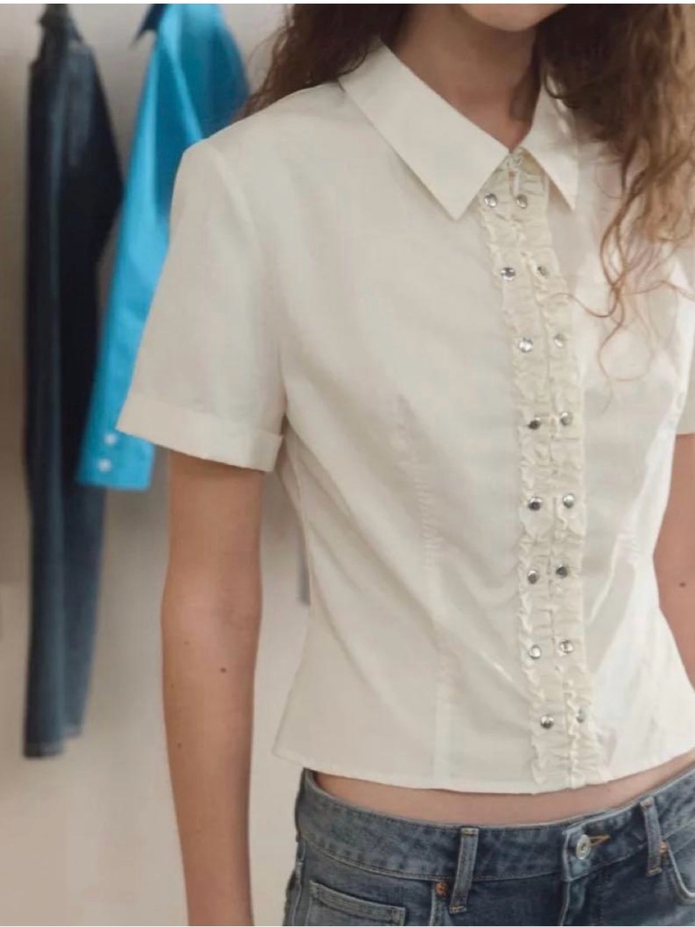 ZARA Cream Ruffle-Trim Button Front Blouse-Jacket - Picture 2 of 3
